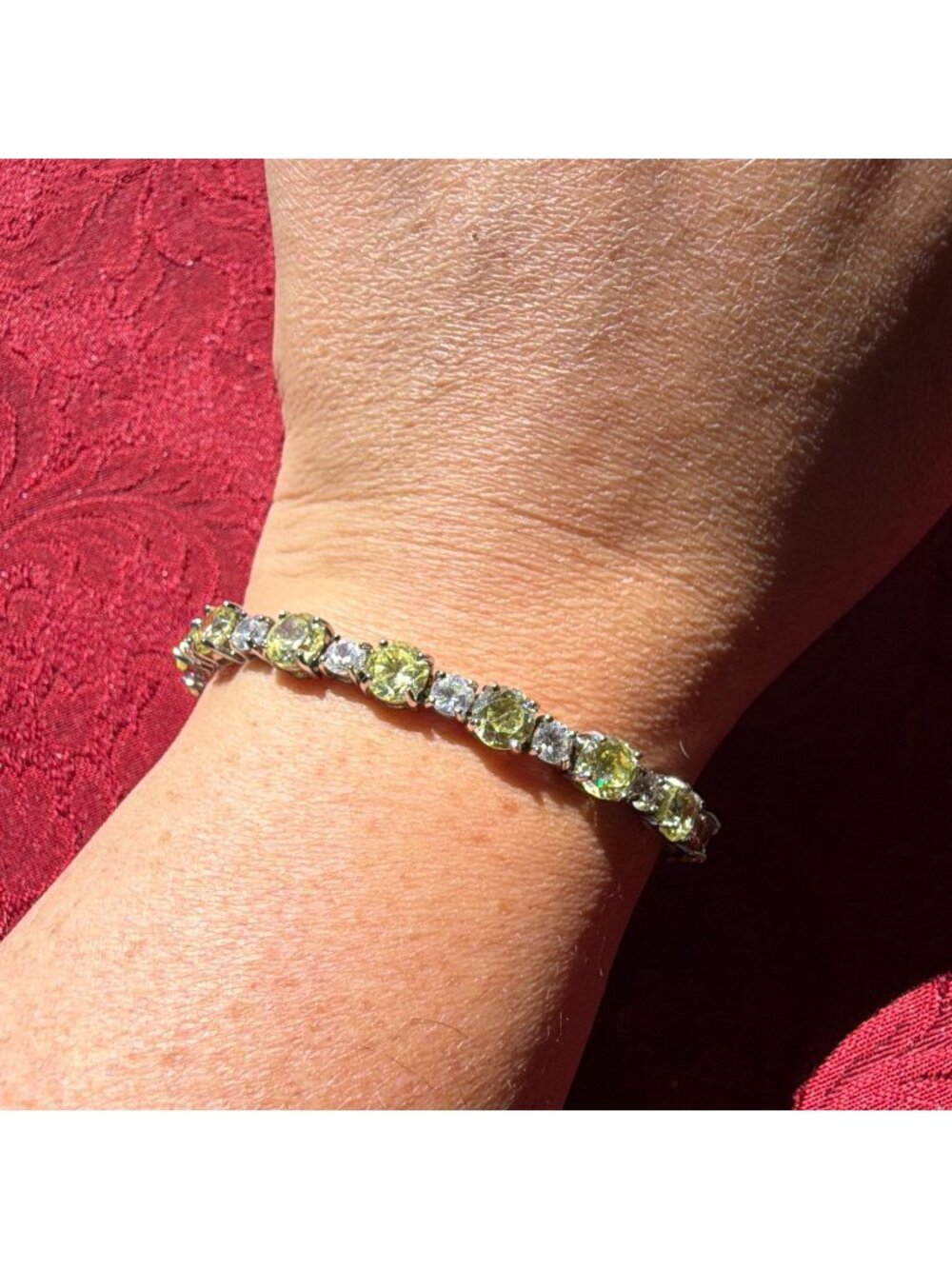 Vintage Sterling Silver 925 Peridot CZ Tennis Bracelet 7.5" Green Clear Stone